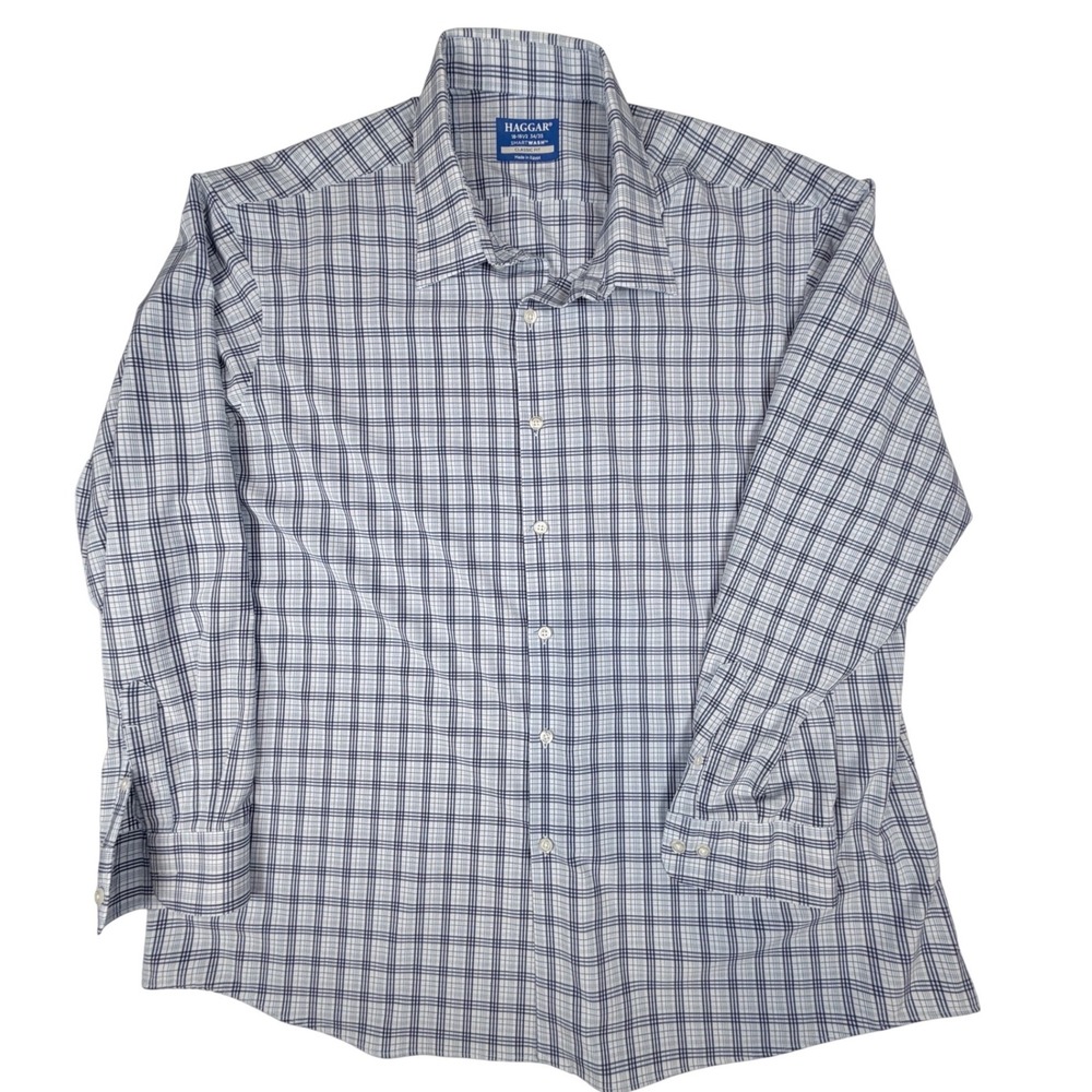 Haggar Smart Wash Mens 18-18.5 34/35 Blue Plaid Classic Fit Shirt Performance